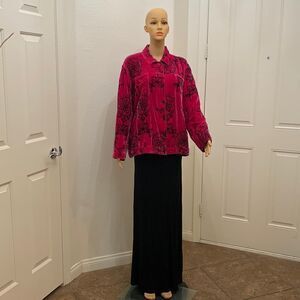 Chicos Jacket Size 3 Pink Black Embroidery Button Woman’s Rayon Silk Casual Work